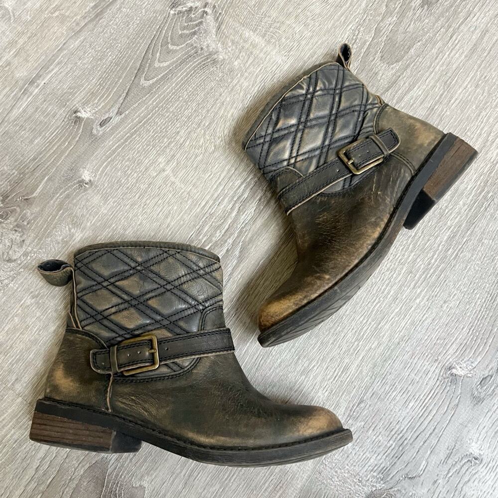 Lucky Brand Booties 7.5 Leather Quilted Nordic Ankle Boots Buckle Boho Western - Picture 2 of 10